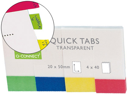 Fournitures de bureau : Marque-pages q-connect 25x45mm 200f repositionnable 4 coloris transparents pack 4x40