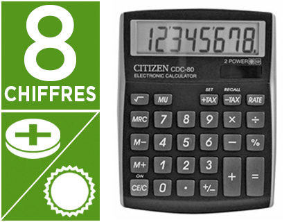 Fournitures de bureau : Calculatrice citizen bureau cdc-80 8 chiffres coloris noir