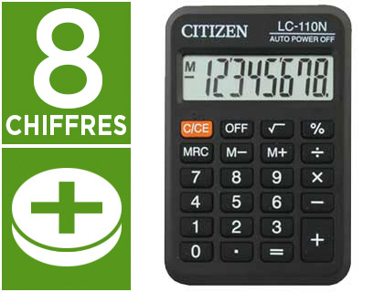 Fournitures de bureau : Calculatrice citizen poche lc-110n 8 chiffres coloris noir