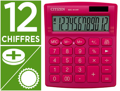 Fourniture de bureau : Calculatrice citizen bureau sdc-812nrpke 12 chiffres coloris rose