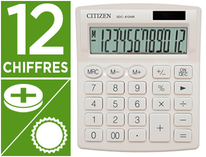 Fourniture de bureau : Calculatrice citizen bureau sdc-812nrwhe 12 chiffres coloris blanc