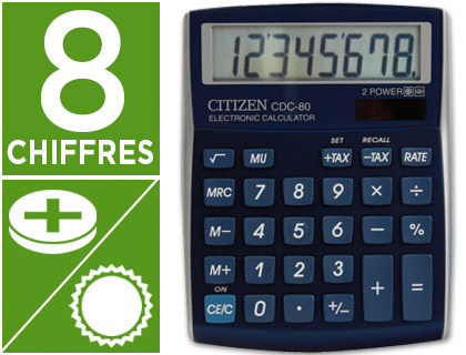 Fournitures de bureau : Calculatrice citizen bureau cdc-80 8 chiffres coloris bleu