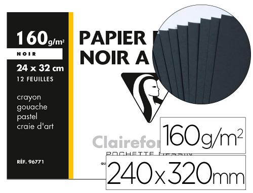 Papeterie Scolaire : Papier dessin clairefontaine mi-teinte noir grain moyen a4+ 24x32cm crayon gouache pastel craie art pochette 12 feuilles