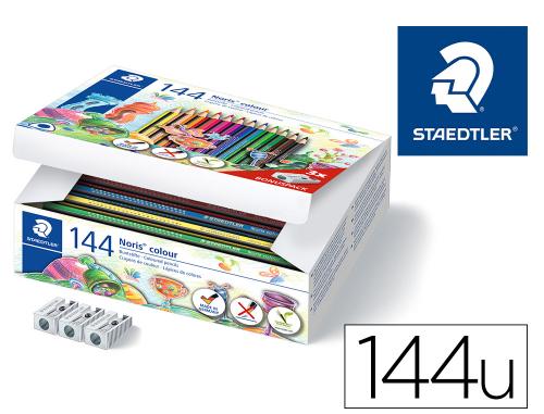 Papeterie Scolaire : Crayon couleur staedtler noris 187 triangulaire wopex l175mm 144 unités coloris assortis + 3 taille-crayons offerts
