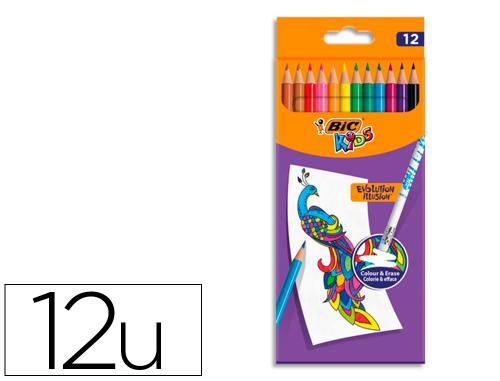 Papeterie Scolaire : Crayon couleur bic evolution illusion resine de synthese corps rond mine tres solide effacable etui 12