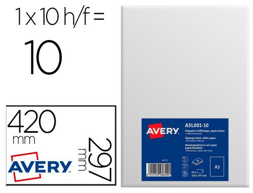 Papeterie Scolaire : Étiquette adhésive avery A3L001-10 affichage a3 papier blanc mat enlevable sans traces laser jet encre copieur 10 unités