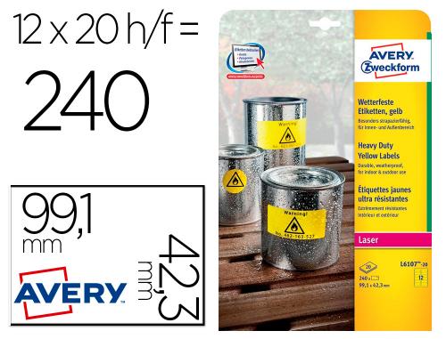 Papeterie Scolaire : Étiquette adhésive avery L6107-20 permanente polyester ultra-résistant waterproof idéal extérieur 42,3x99,1mm 240 unités jaune