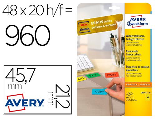 Papeterie Scolaire : Étiquette couleur avery L6041-20 enlevable sans trace toute imprimante idéale classement 21,2x45,7mm 960 unités coloris jaune