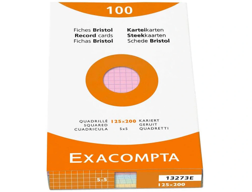 Exacompta - Etui de 100 fiches Bristol - 125x200 mm - Petits carreaux (5x5) - Non perforées - Couleurs assorties