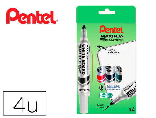Pentel Maxiflo - Marqueur Effaçable - Pointe Ogive 6mm - Etui de 4